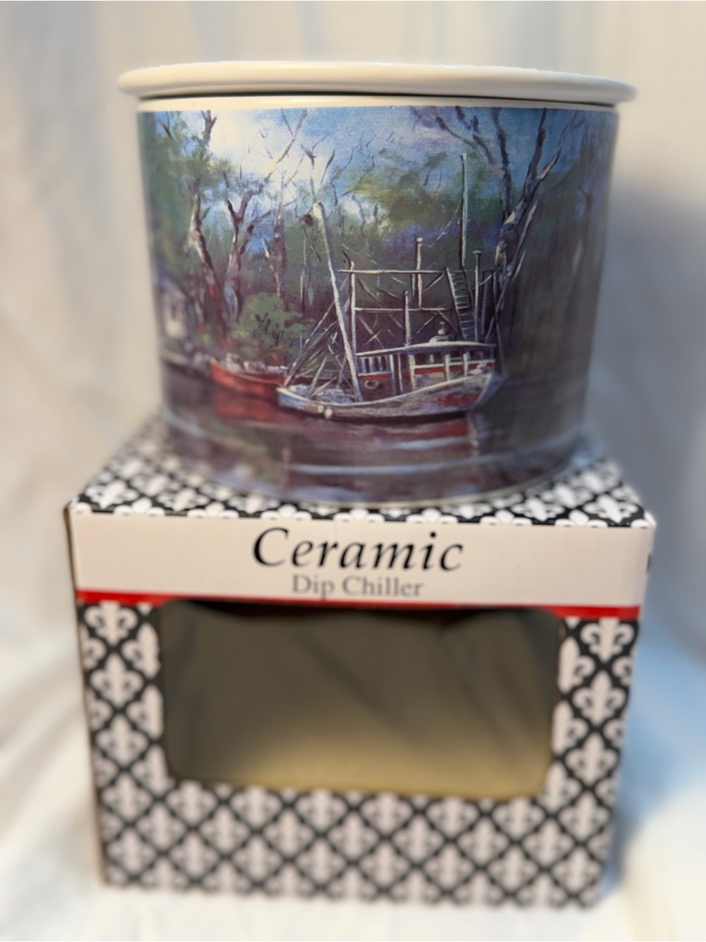 Ceramic Dip Chiller w/ Charming Bayou Scene Shrimp Boat by Artist Diane Parks